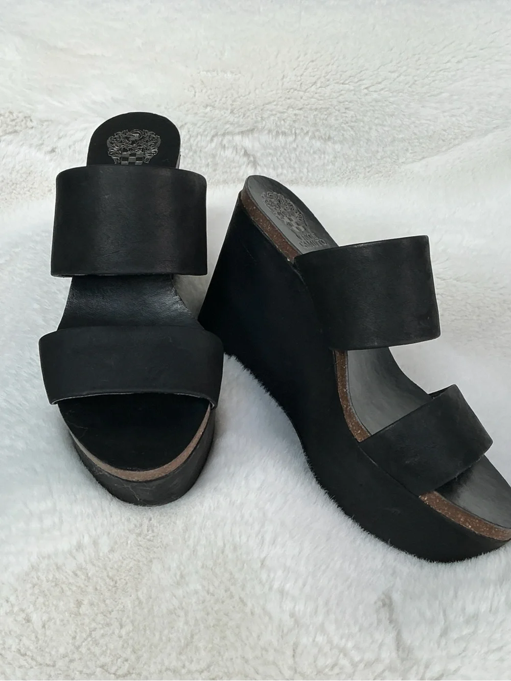 Vince Camuto Black Double-Strap Wedge Slide Sandals